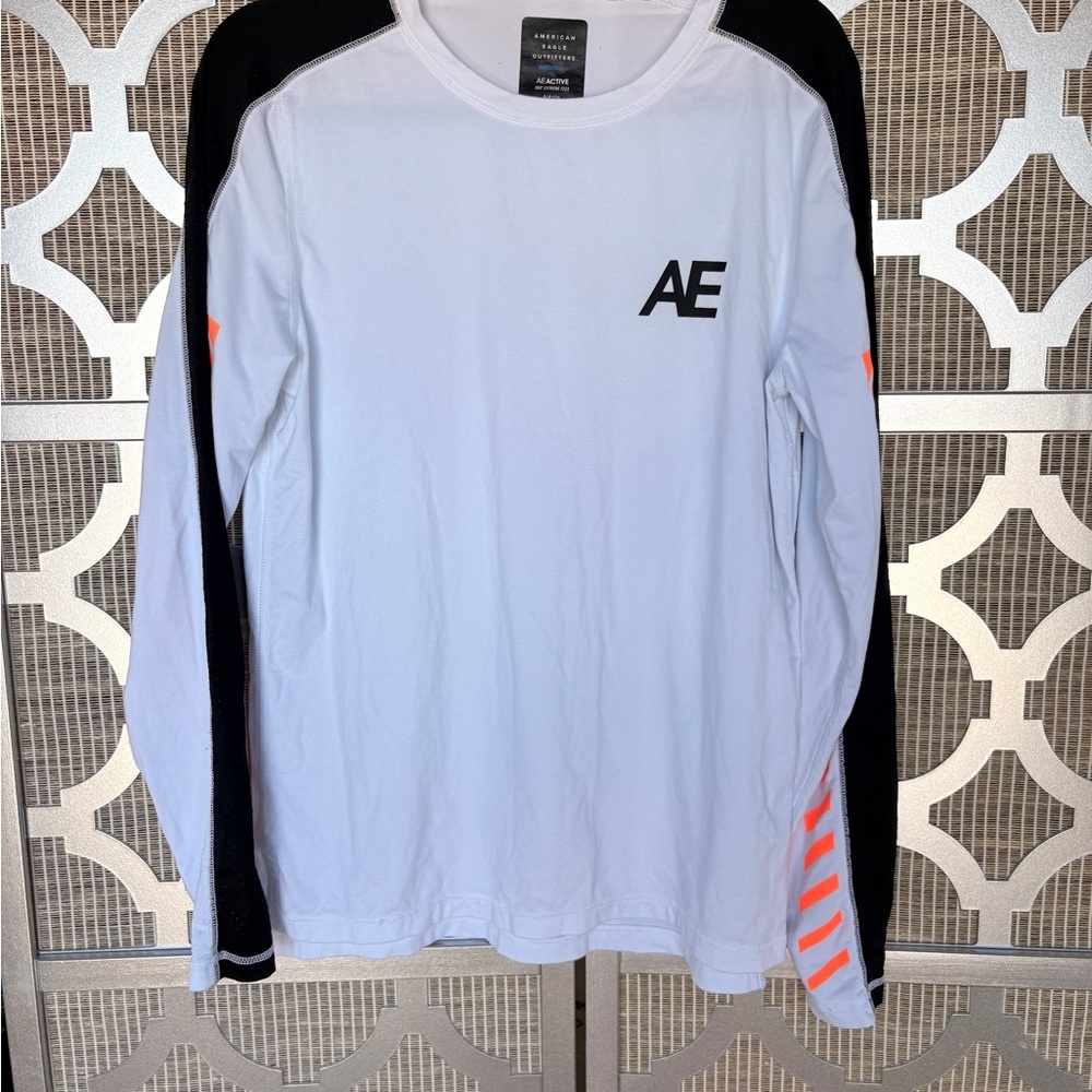 American Eagle Outfitters White and Black Long Sleeve Tee with Orange Accents